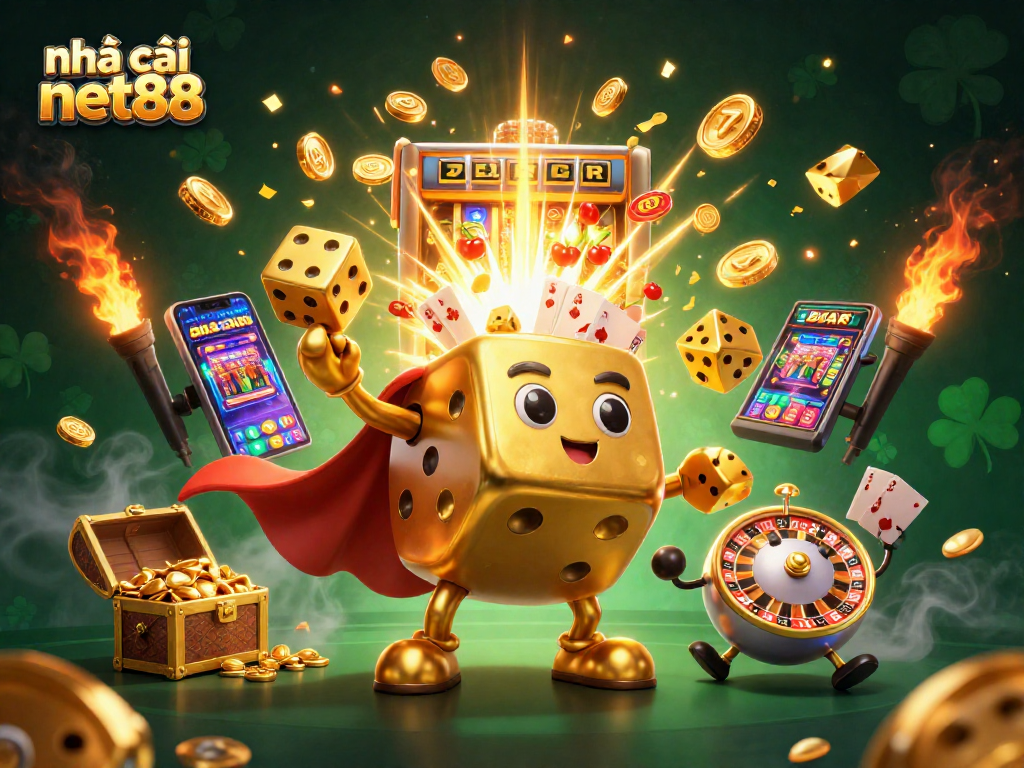 Engage with nhà cái net88 through a vibrant, 3D casino-themed digital illustration.