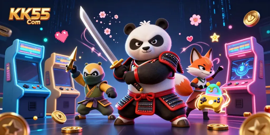Engage in thrilling gameplay at KK55 Com with samurai panda and ninja characters in a dynamic casino scene.