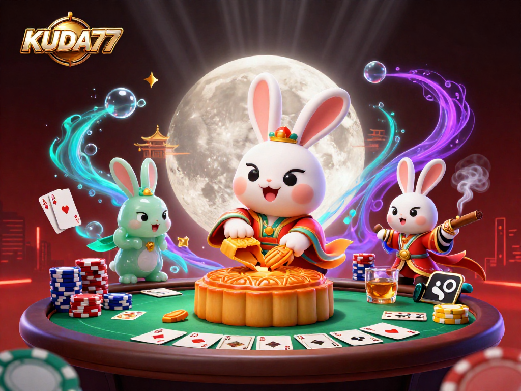 Mainkan KUDA77 dengan ilustrasi unik tentang kelinci bulan dan poker chips, menyajikan nuansa kasino.