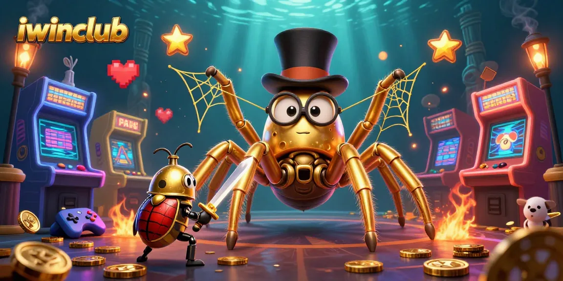 Experience the exciting world of iwinclub with a vivid 3D illustration featuring casino elements and brave characters.