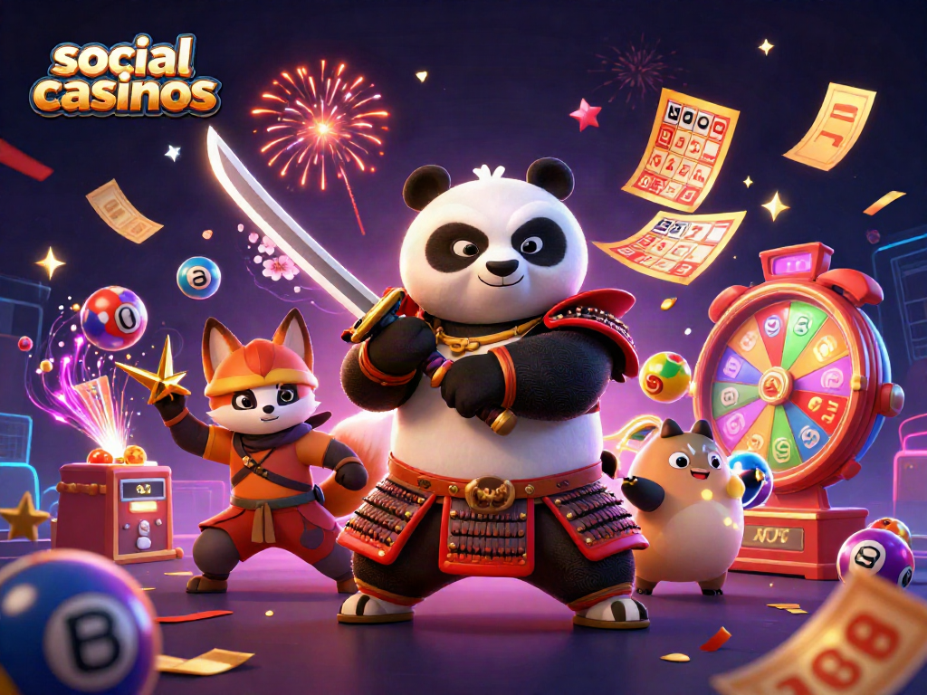Experience the excitement of social casinos with dynamic illustrations of winning games and vibrant characters.