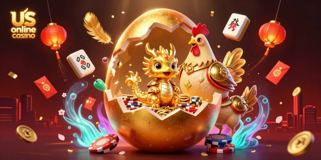 Engage with thrilling us online casino action featuring a golden dragon and poker chips in a vibrant scene.