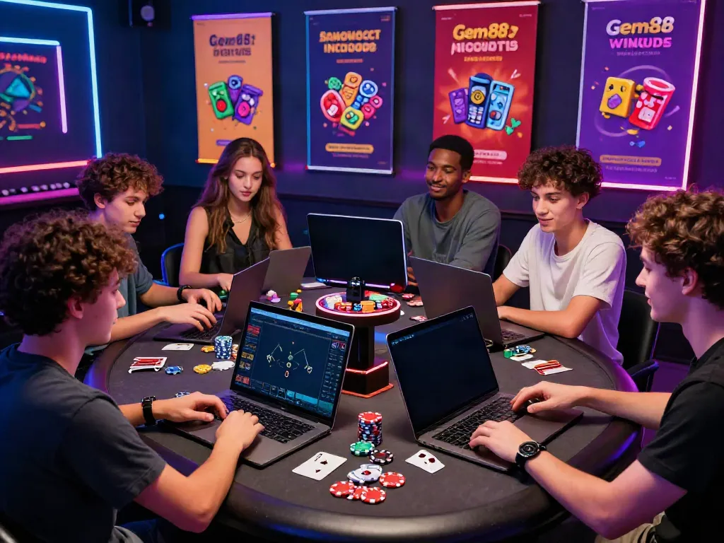 Players engaged on Gem88's platform surrounded by gaming devices and a vibrant atmosphere.