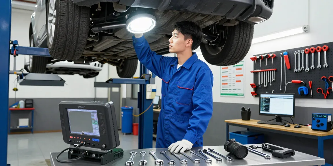 Mechanic inspecting a vehicle under bright workshop lights, emphasizing the importance of vehicle service contracts for maintaining performance.