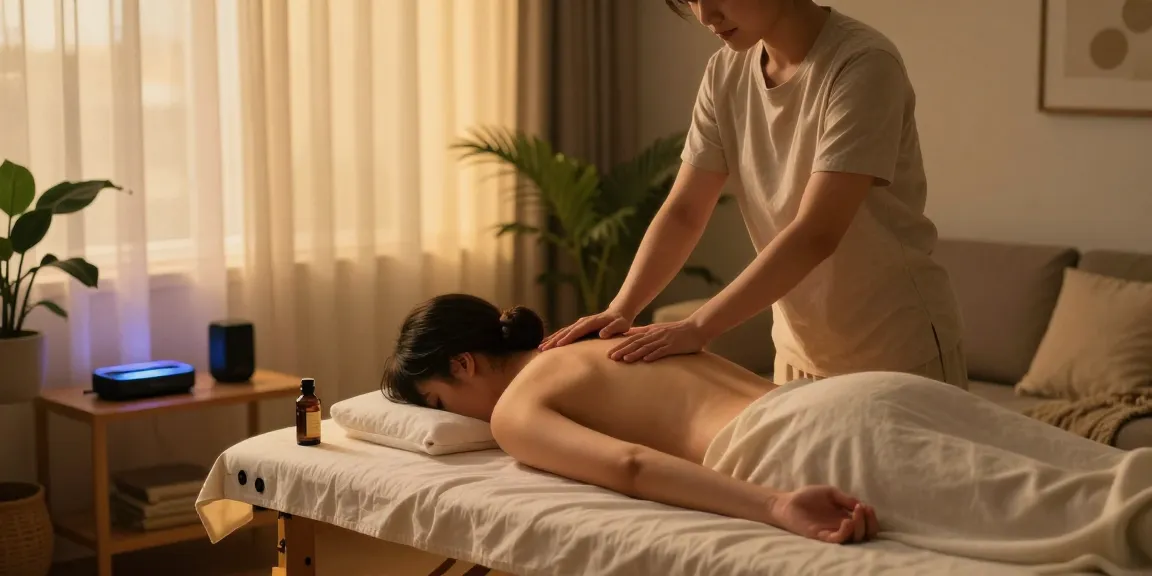 Enjoying a 남양주출장마사지 session in a tranquil home setting, featuring warm lighting and soothing atmosphere.