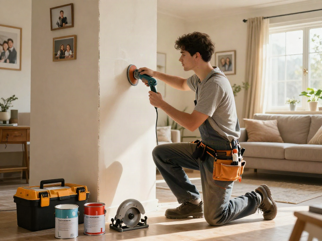 Home repair services Des Moines Iowa with contractor repairing drywall in a sunny living room.