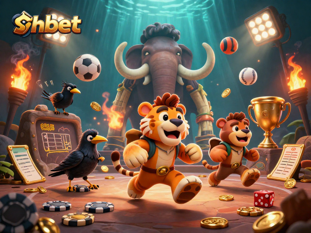 shbet games come alive in this vibrant 3D casino featuring a caveman duo and sports elements