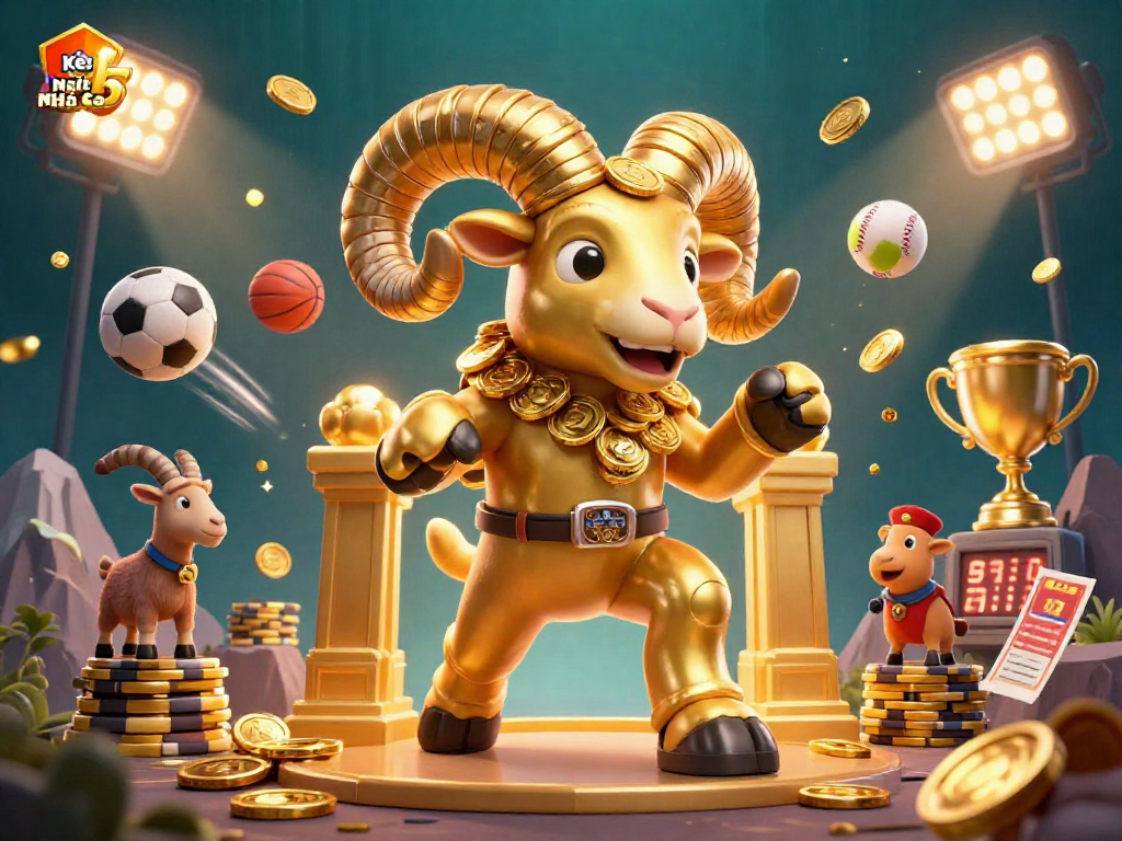 Kèo Nhà Cái 5 showcases a dynamic sports betting scene with a golden ram charging at golden gates.