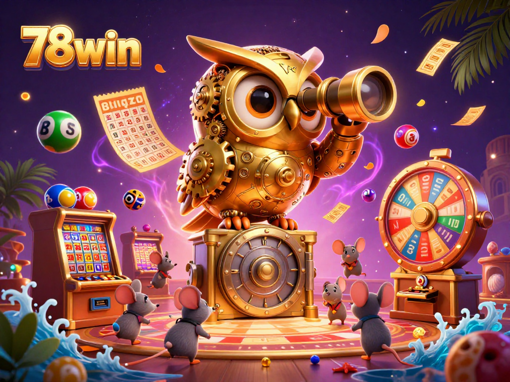 Engage with the thrilling world of 78win as colorful lottery elements animate around a majestic owl.
