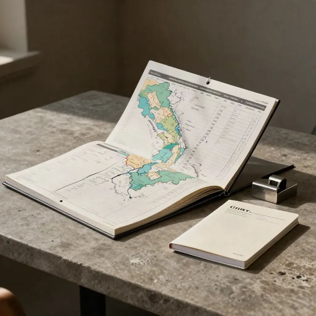 Quarterly planning kit on a stone table with roadmap board, budget sleeve, booklet and paperweight.