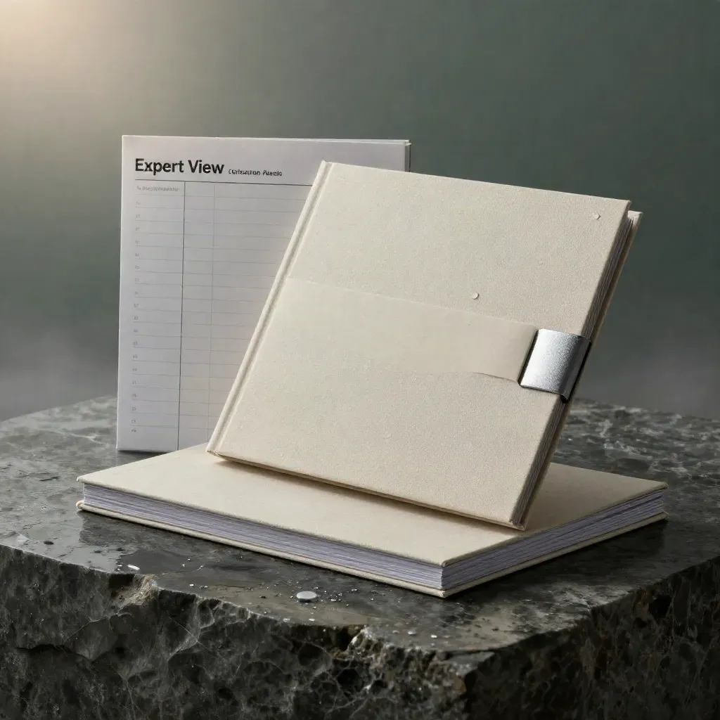 Linen-bound audit folio, scorecard packet, courier sleeve and summary book on rain-dark limestone at dawn.
