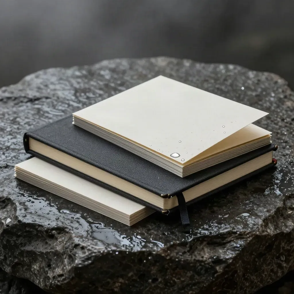 Wet basalt briefing set with notebook, cue cards, and folded sleeve in soft rain mist