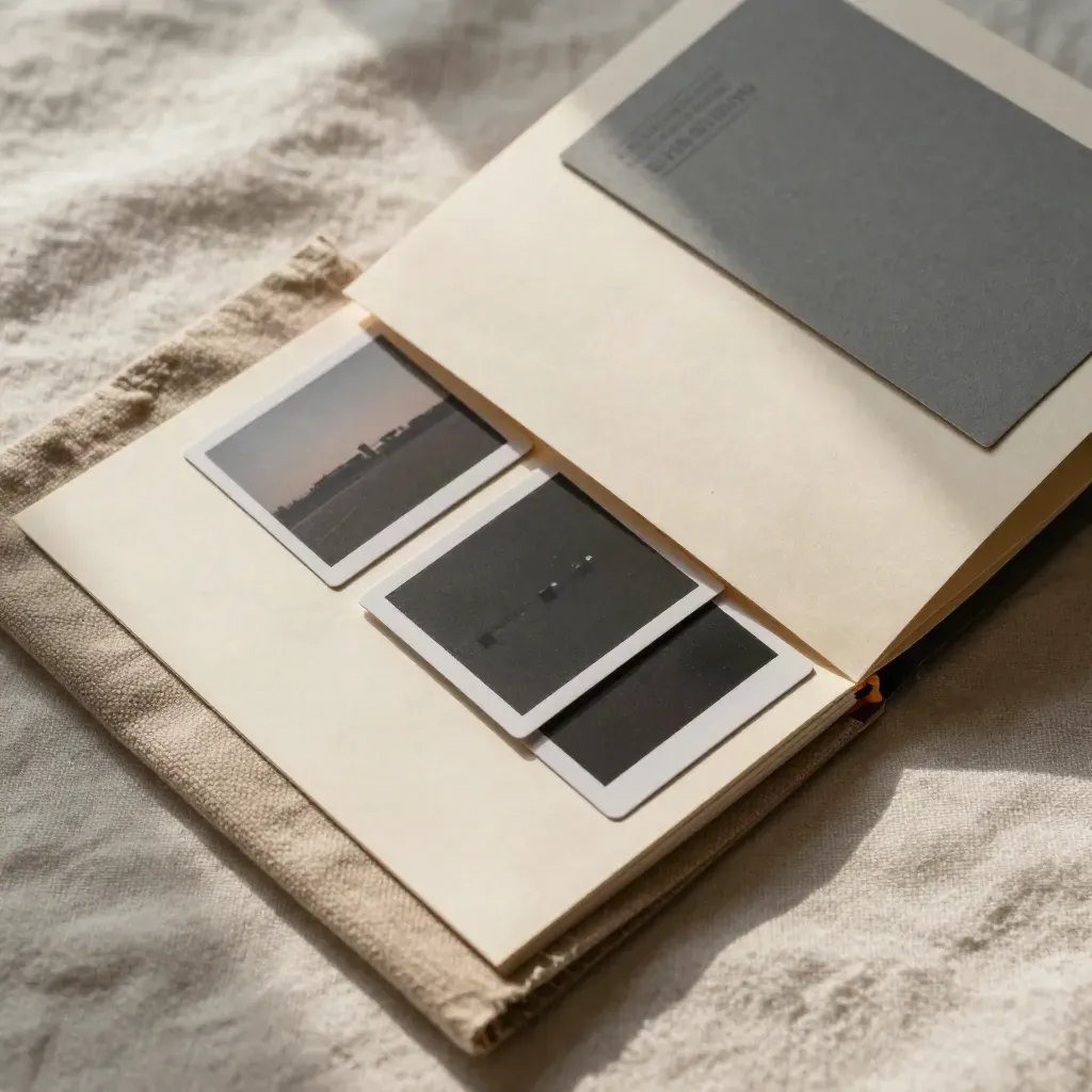 A sales deck review folio on linen with tucked slides and a folded cloth, lit softly from one side.