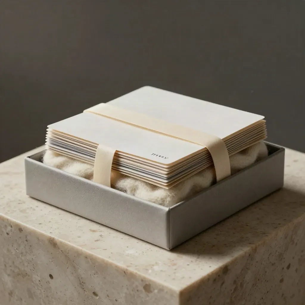 Shallow box of hiring scorecard cards nestled in cream wool on travertine, dark studio light