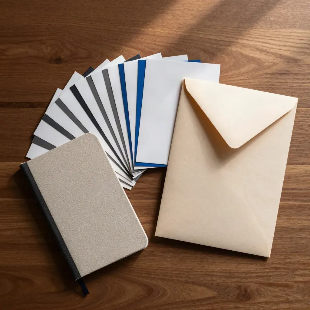 Overhead flat lay of cue cards, slim notebook, and folded envelope on brushed oak.