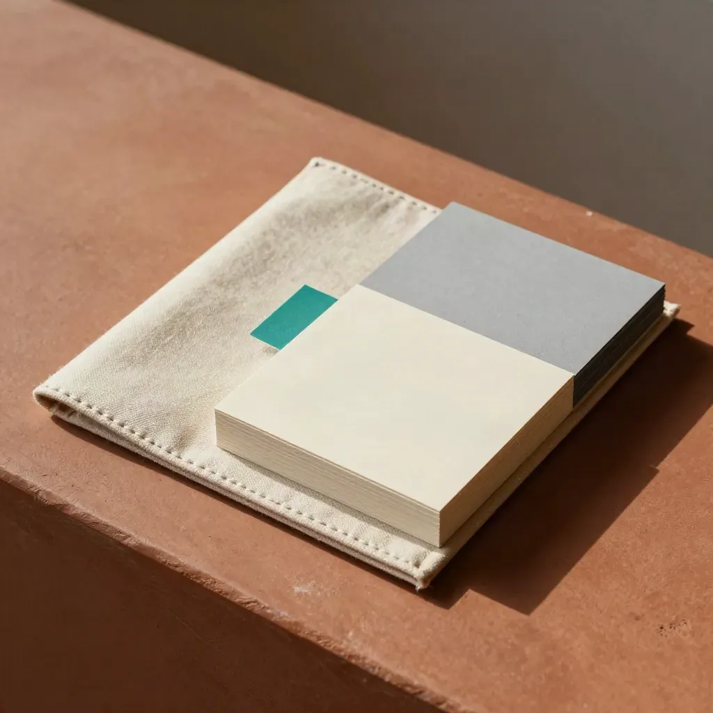 Top-down workshop kit with canvas sleeve, blank cards, and teal tab on terracotta stone.