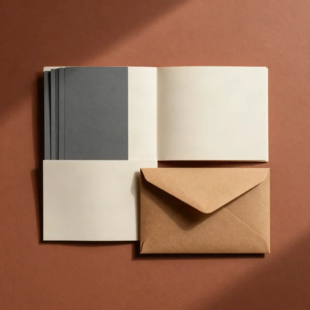 Overhead flatlay of interview kit cards, booklet, and folded envelope on terracotta stone.