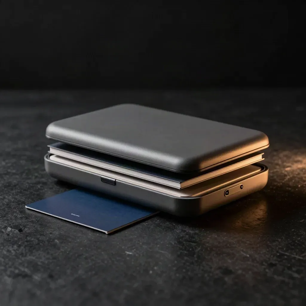 Two matte media cases and a slim booklet on a dark stone surface with dramatic side light.