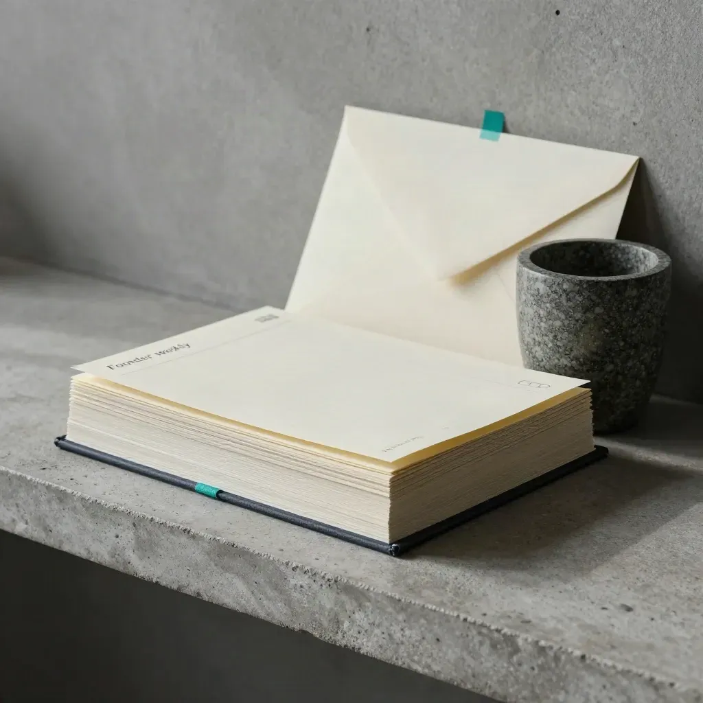 Memo stack, bound digest, clipped cards and stone cup on a concrete shelf with teal accent