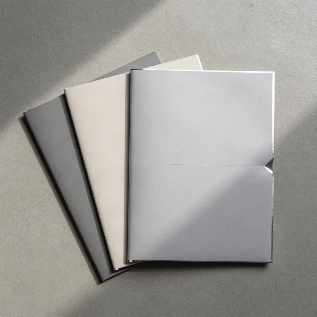 Overhead market scan pack with three state folders and a silver sleeve on concrete