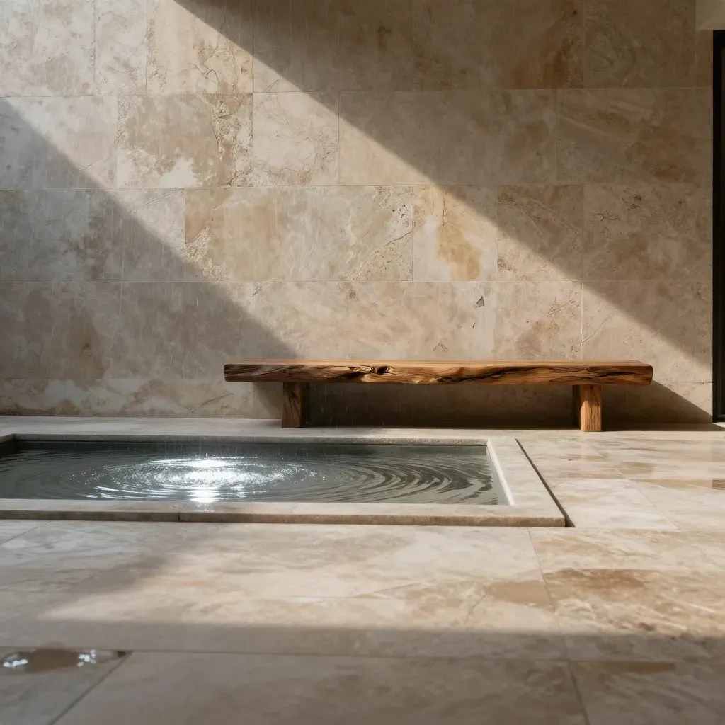 Limestone courtyard wall, reflecting basin, and timber bench in soft rain mist.