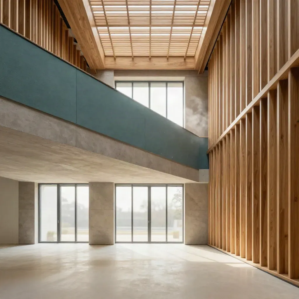 Sunlit atrium with wood slats, skylight grid, and calm floor space for copy.