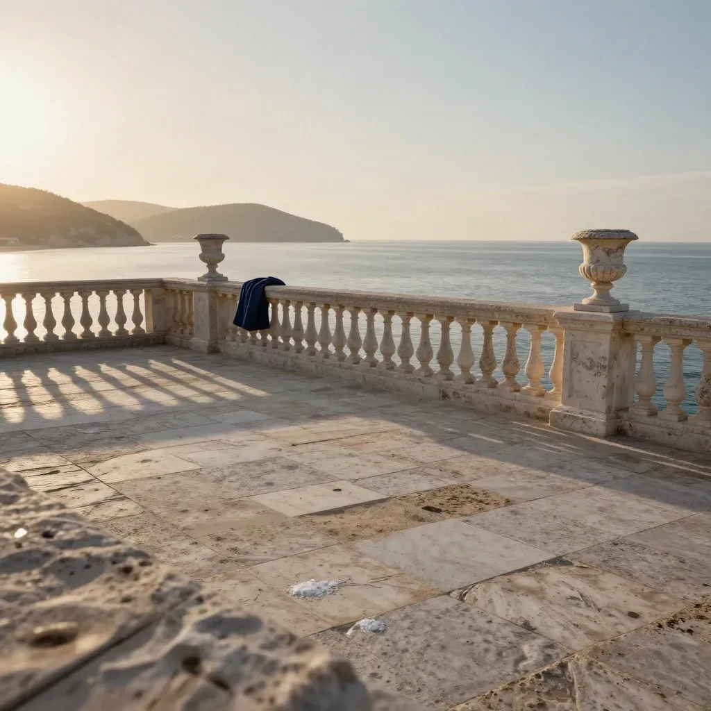 Sunlit coastal terrace with stone balustrade, glassy sea, and hazy hills at golden hour.