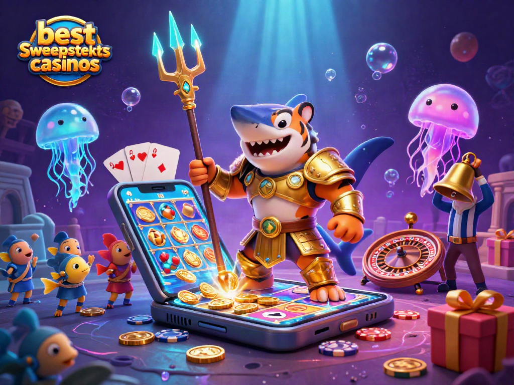 Engaging scene of best sweepstakes casinos embodied by a gladiator shark and cheerful underwater elements.