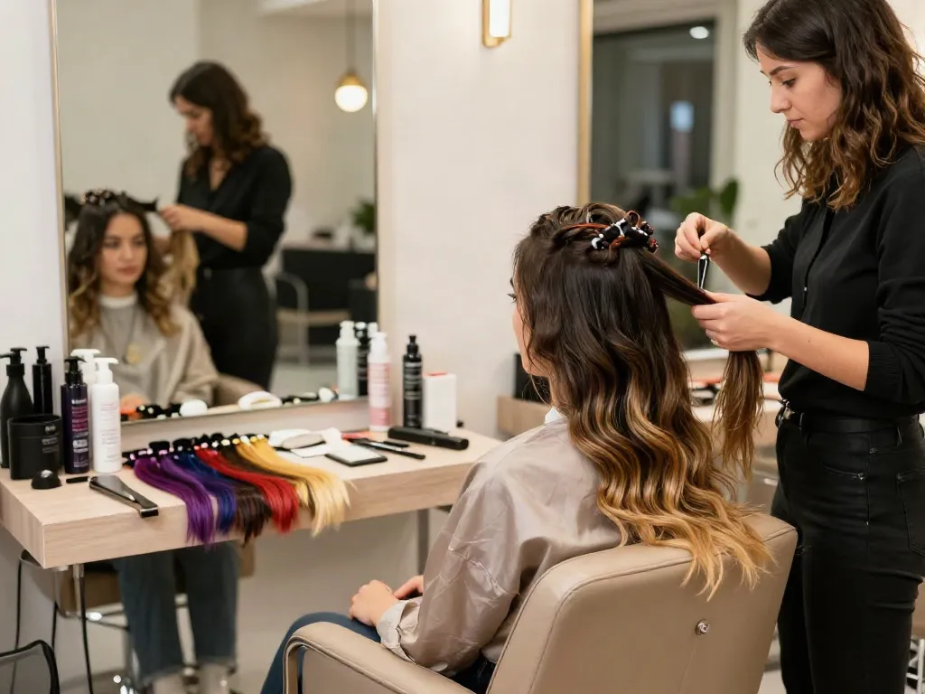 Applying sew in weft hair extensions in a stylish salon setting.