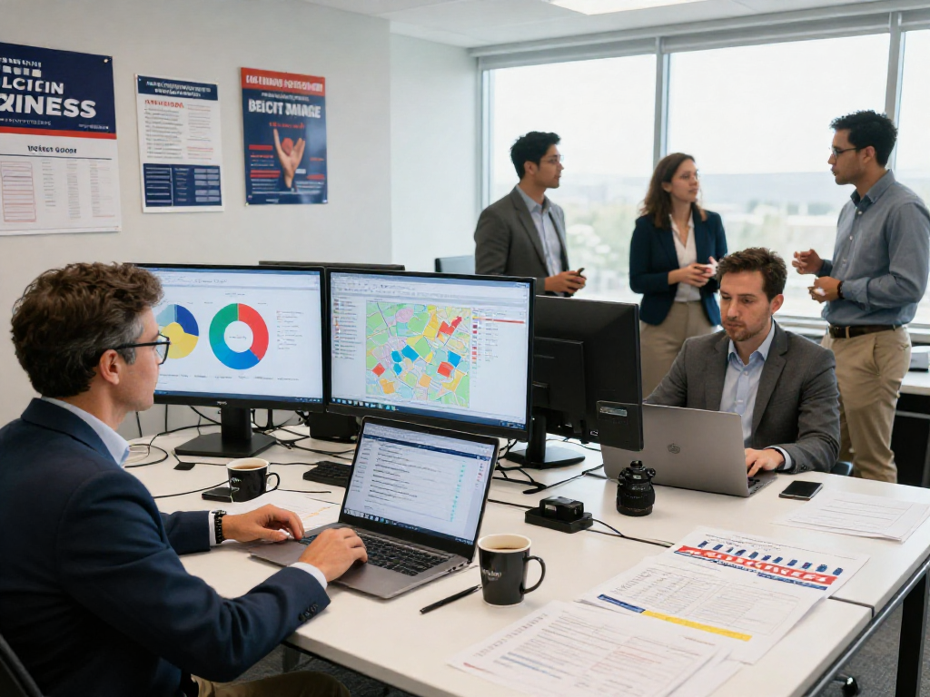 Analyze political direct mail cost per piece amidst an energetic campaign strategy meeting with data-driven tactics.