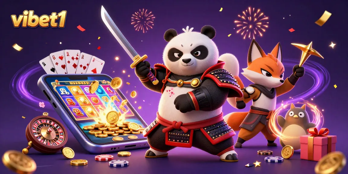 Spin to win at vibet1 with dynamic characters, gold coins, and a lively casino atmosphere.