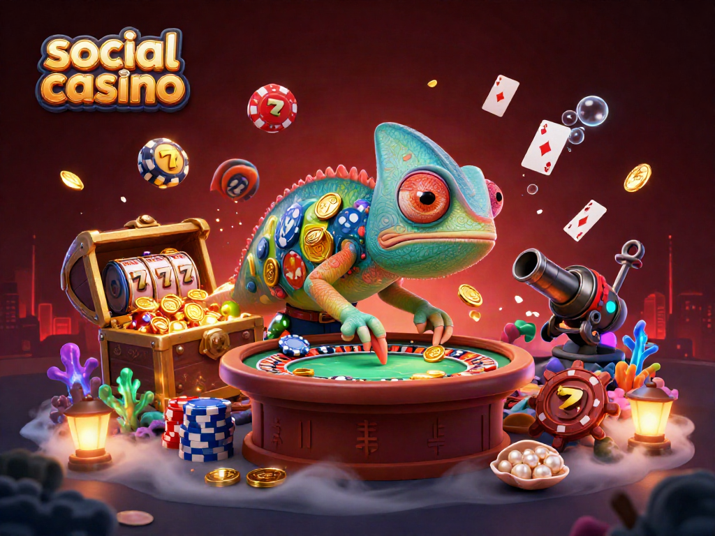 Experience thrilling wins at social casino with a colorful chameleon owner in a vibrant gaming scene.