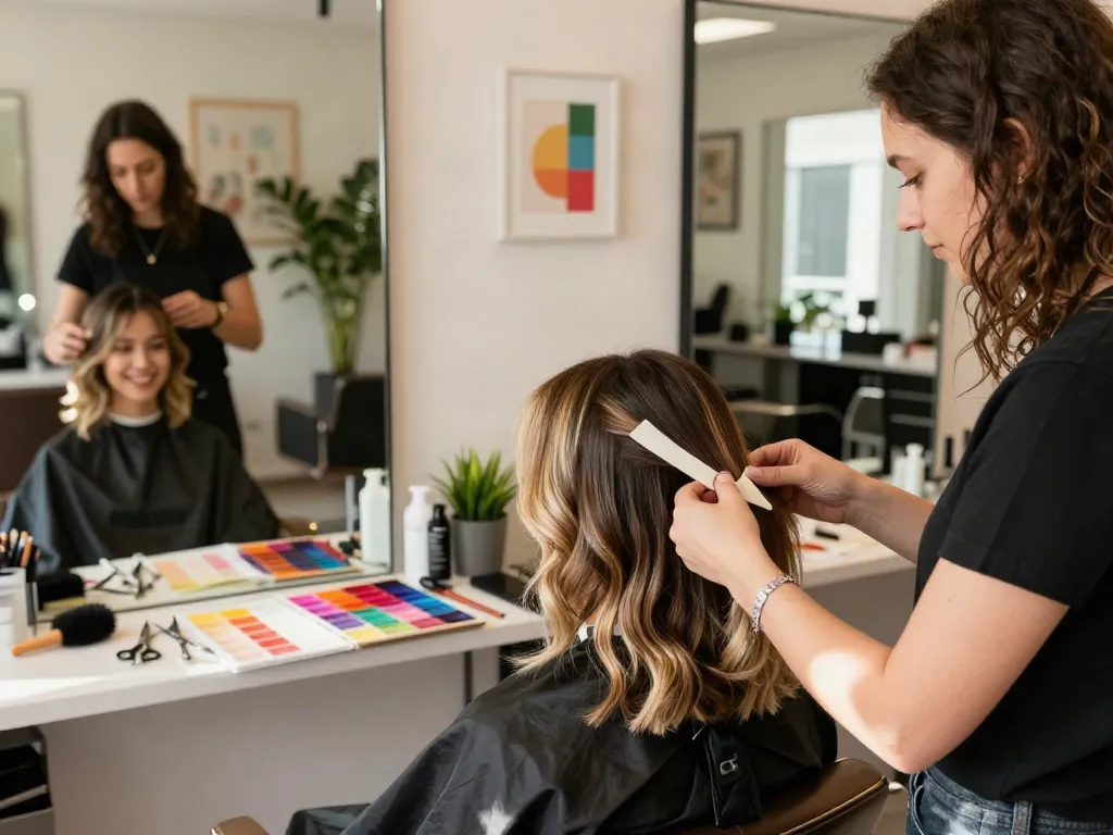 Invisible tape in hair extensions being applied in a bright salon, highlighting seamless blending and beauty.