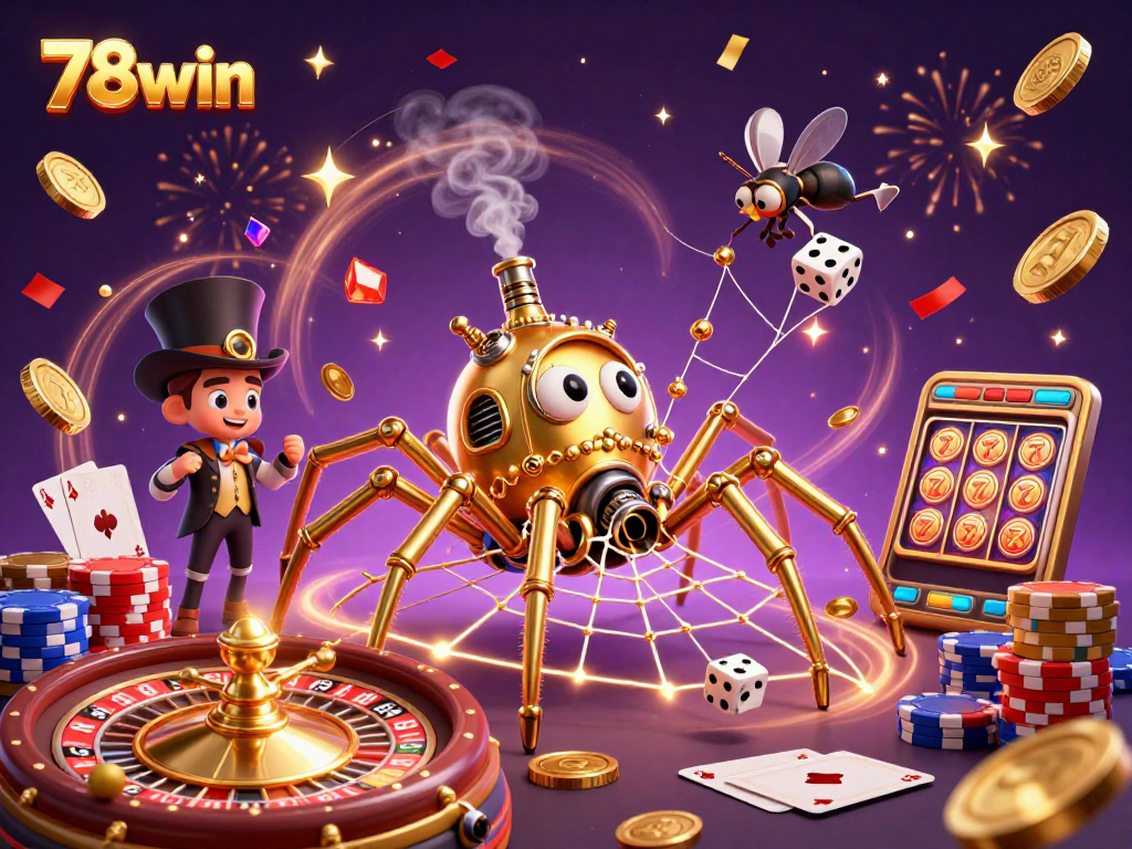 Win big at 78win with thrilling gameplay and unique casino treasures in a vibrant illustration.
