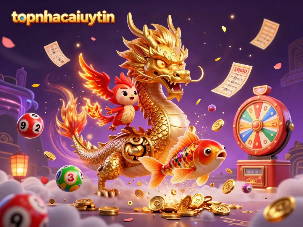 Experience thrilling wins with topnhacaiuytin’s vibrant gambling scene featuring a dragon and phoenix.