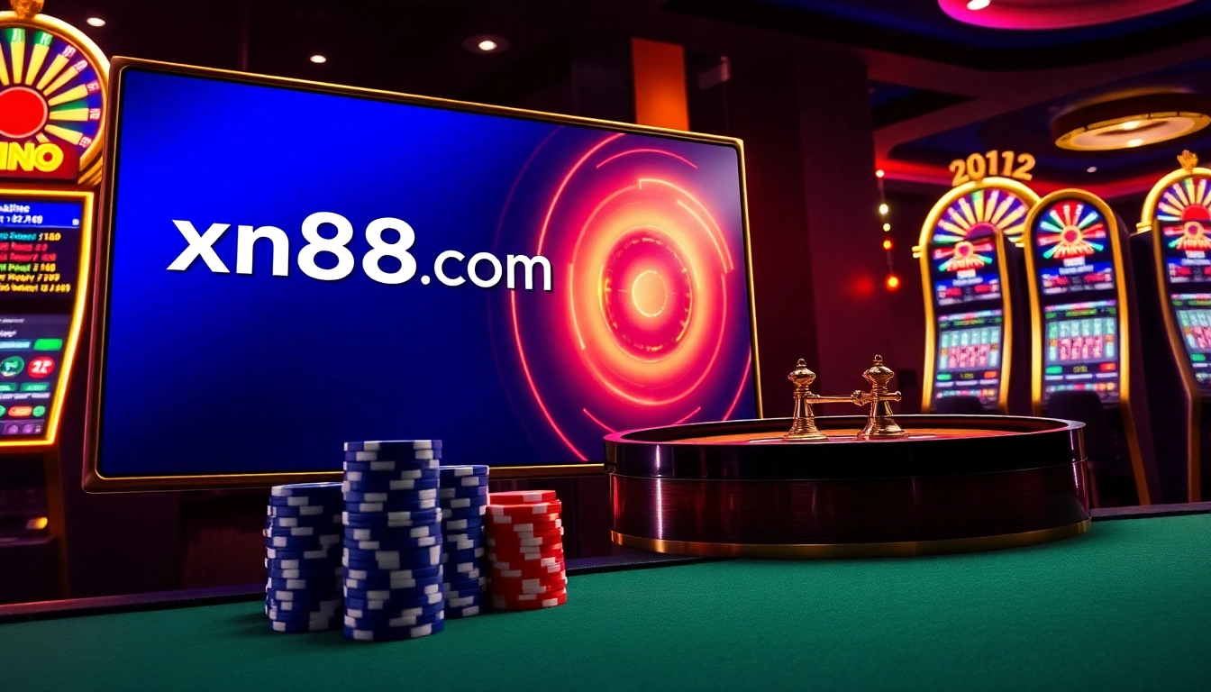 Engaging view of xn88 com showcasing vibrant casino elements with dynamic slot machines and roulette.
