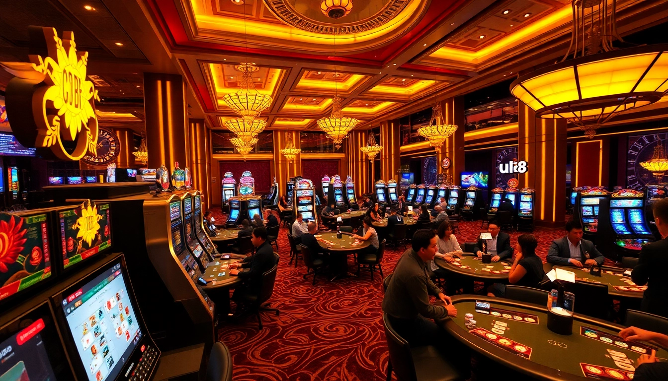 Exciting casino scene at uu88 showcasing players, slot machines, and roulette tables.