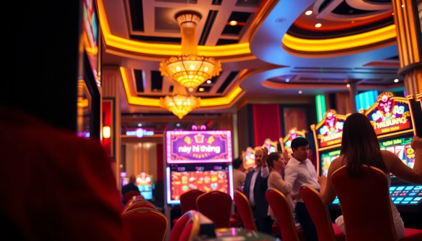 Winning big in nổ hũ đổi thưởng with vibrant slot machines in a luxurious casino setting.