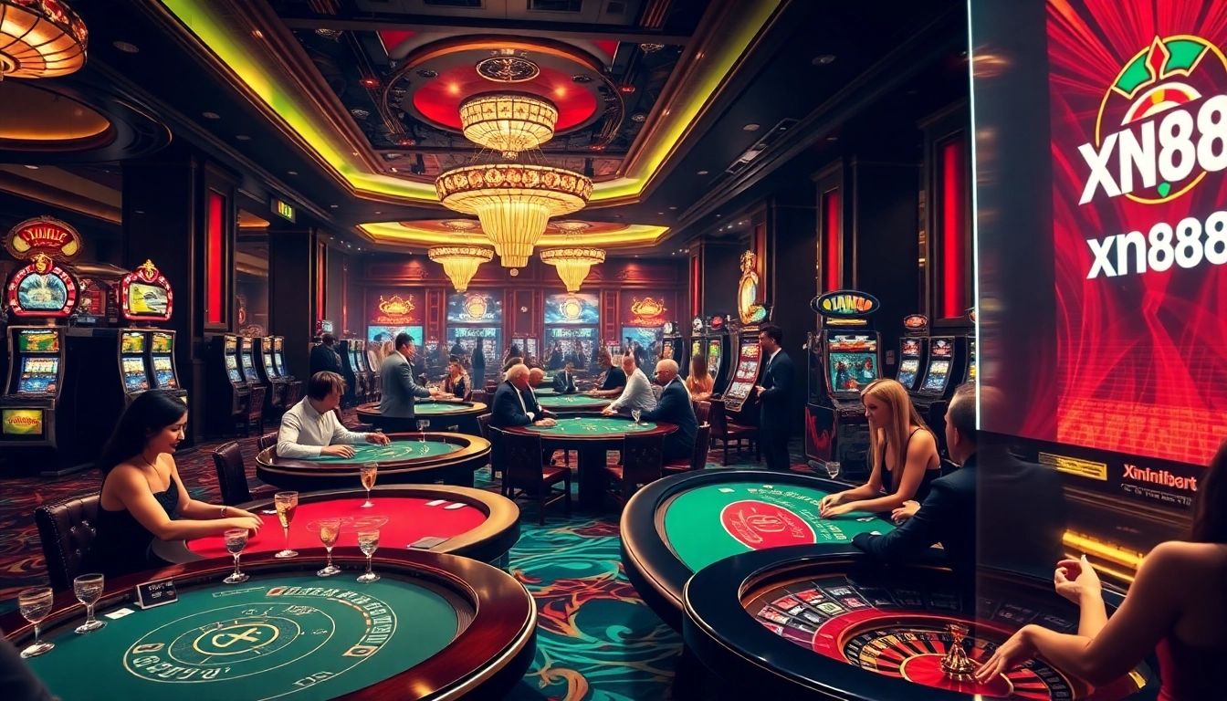 Immersive casino scene featuring xn88 com logo and players enjoying poker and blackjack excitement.