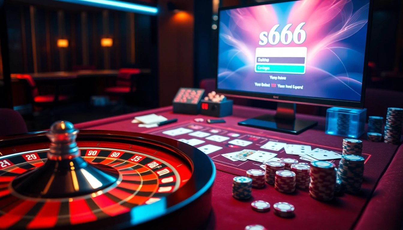Savor the excitement of online gambling with s666 đăng nhập, featuring roulette and poker elements.
