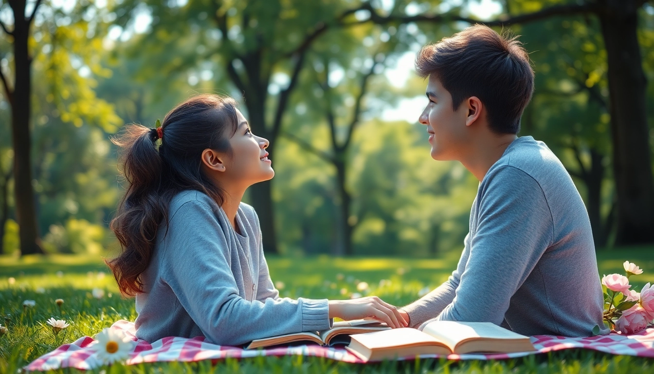 A young person expressing their crush on a friend in a dreamy park setting, surrounded by nature.