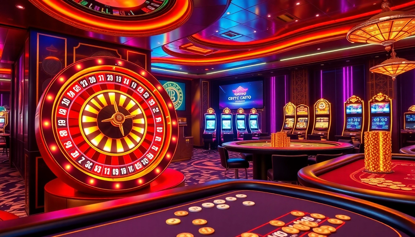 Engaging virtual gameplay at crypto online casinos with colorful slot machines and poker tables.