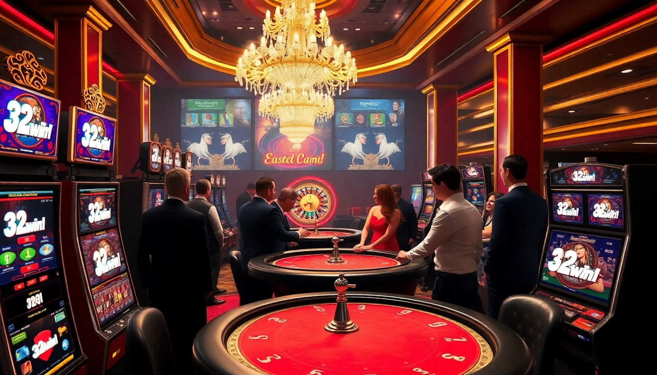 Engaged players strategizing at a poker table in the luxurious 32win1 casino setting.