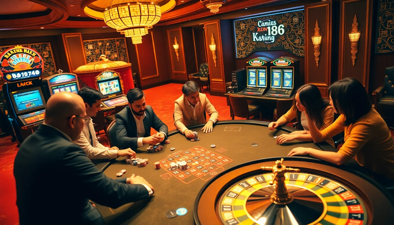 Players enjoying a thrilling card game at xn88 com casino, with vibrant poker chips and roulette wheel.