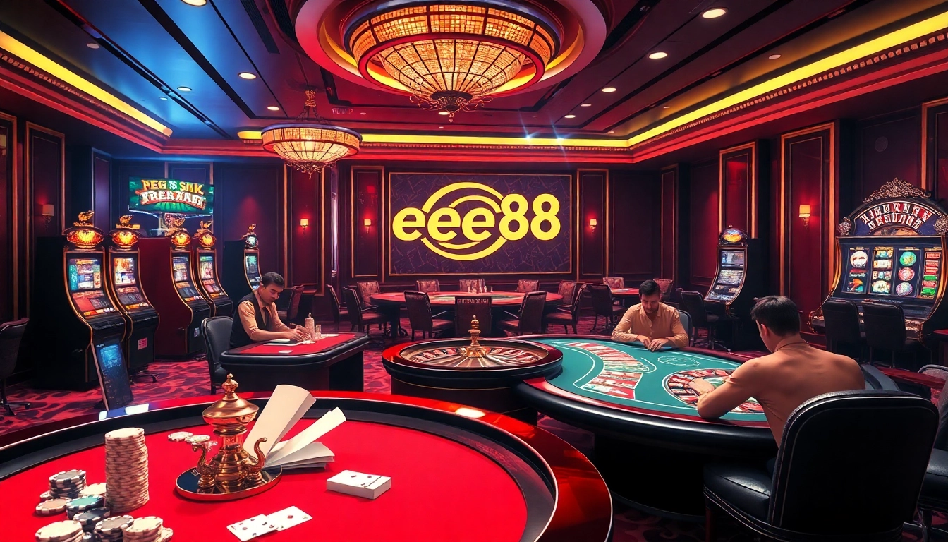 Betting action at ee88 com with poker tables, roulette wheels, and vibrant slots.