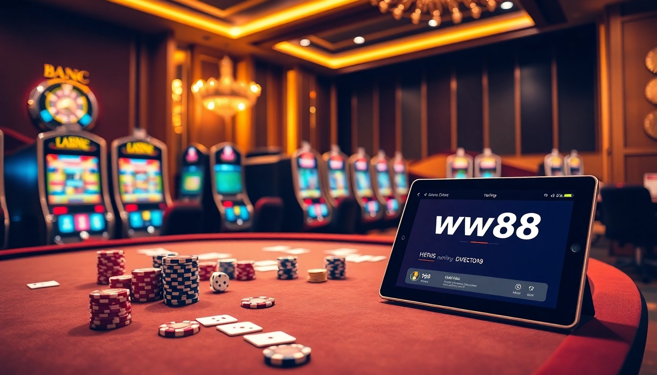Experience thrilling gameplay on https://ww88.directory/ with a luxurious casino atmosphere filled with poker chips and cards.
