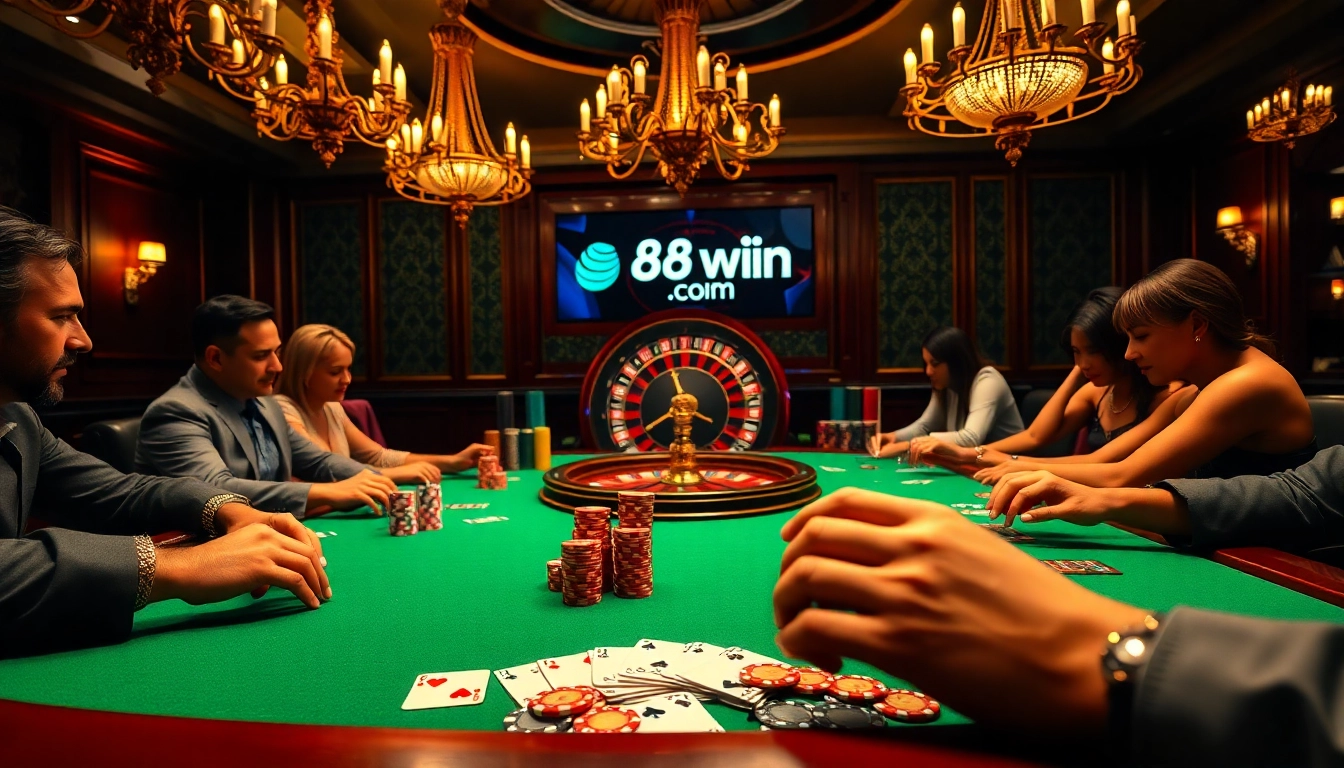 Experience high-stakes gaming at 68win com with vibrant poker chips and a roulette wheel in a luxury casino setting.