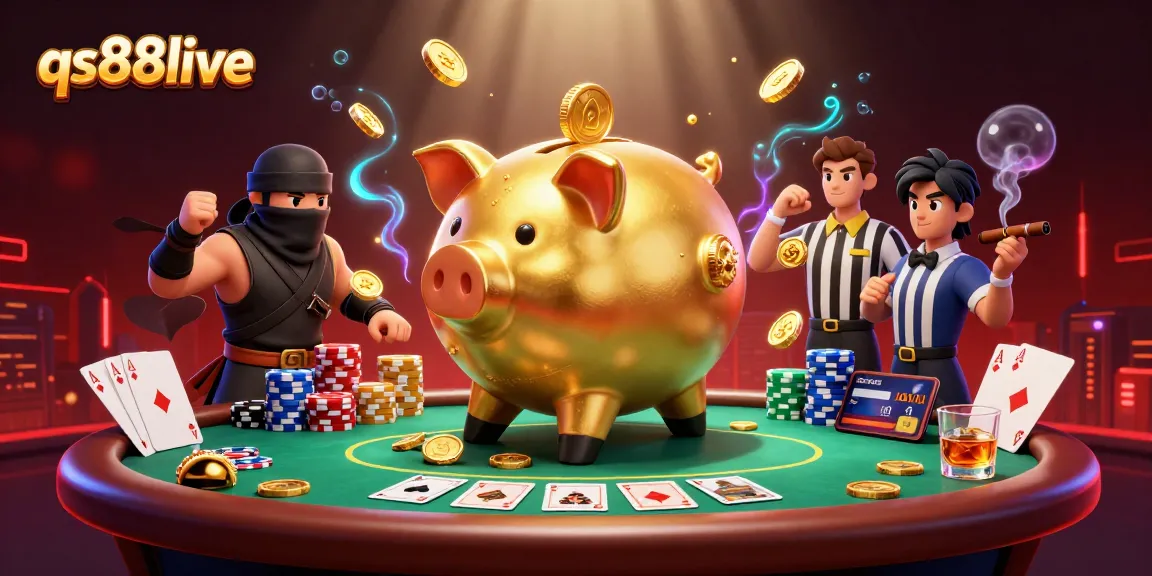 Experience the excitement of qs88live with a dynamic casino scene featuring characters and poker elements.