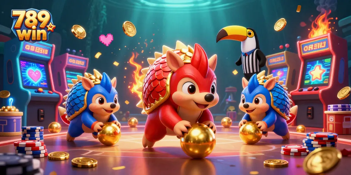 Spin and win at 789 win with rival pangolins bowling through poker chips in this vibrant scene.
