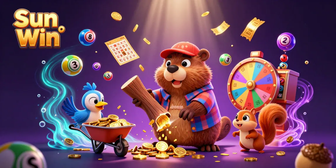 Experience winning with Sun Win as cartoon characters collect golden coins in a vibrant casino scene.